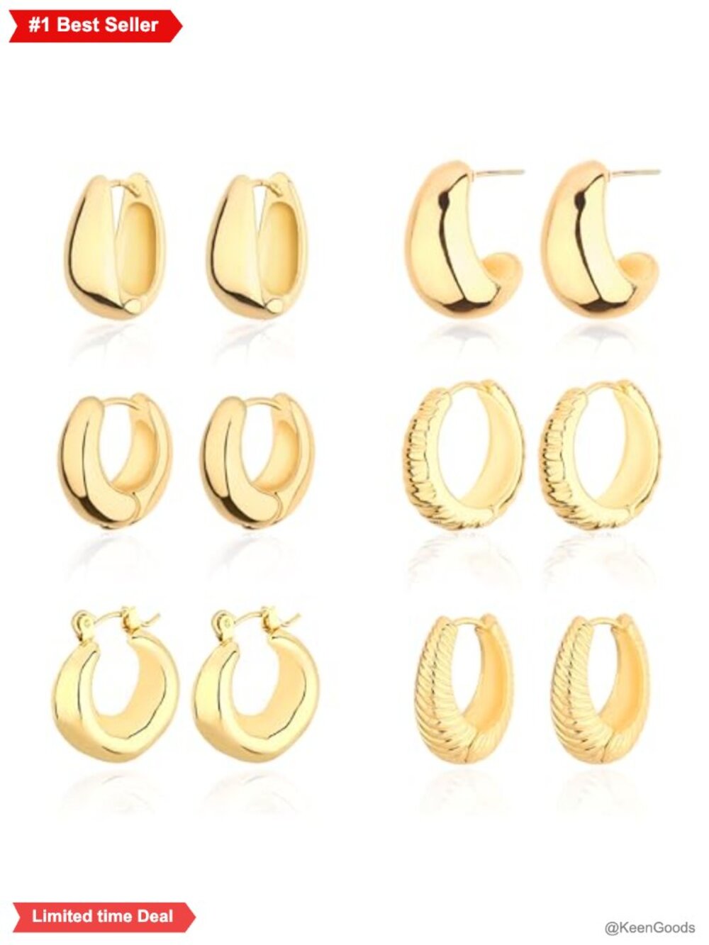 14K Gold Plated Chunky Hoop Earrings Set Hypoallergenic Lightweight